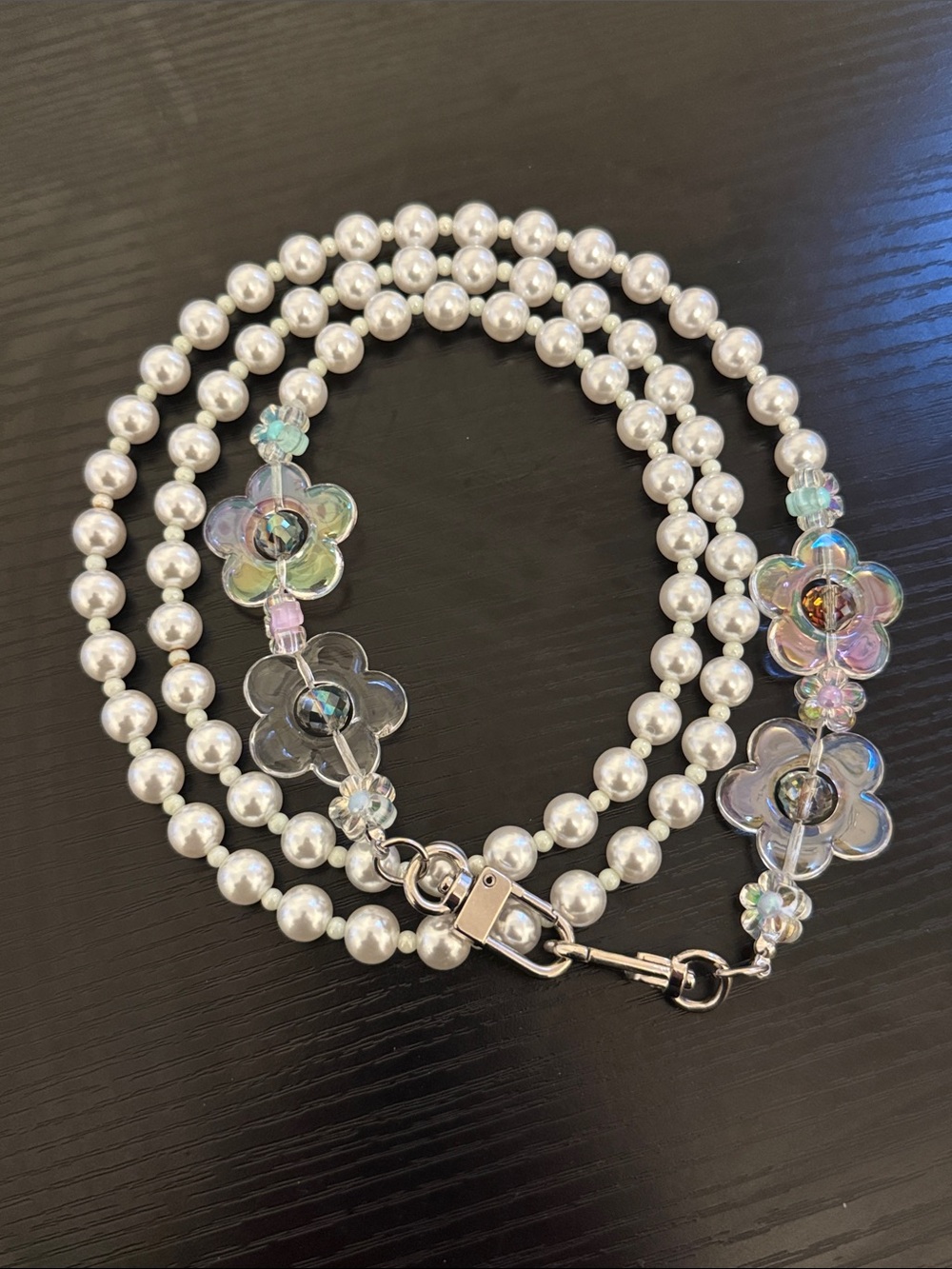 Pearl Beaded Phone Crossbody Strap with Iridescent Flowers